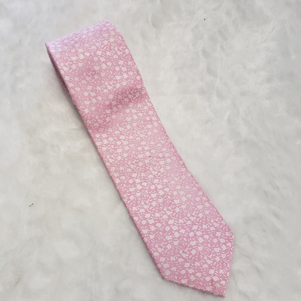 Bertigo | Mens Silk Tie Pink White Floral Print